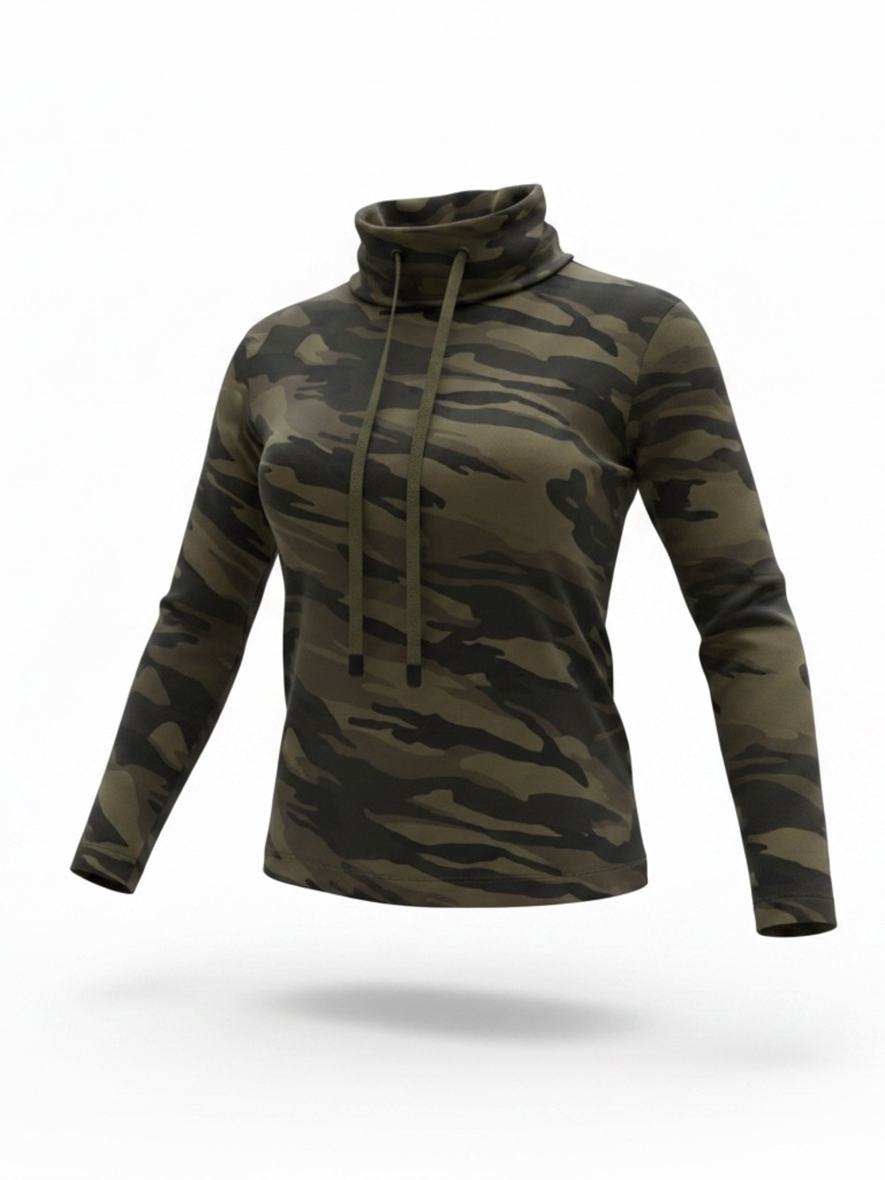 Nicole Miller New York Camo Cowl Neck Top Medium – Drawstring Neck Long Sleeve